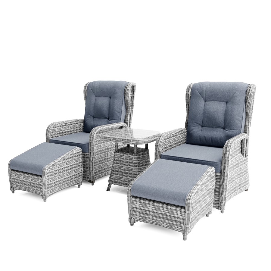Dark Grey Rattan Reclining Sun Lounger Set with Table and Footstools - Aspen