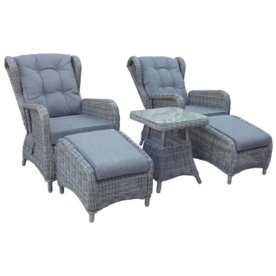 Dark Grey Rattan Reclining Sun Lounger Set with Table and Footstools - Aspen