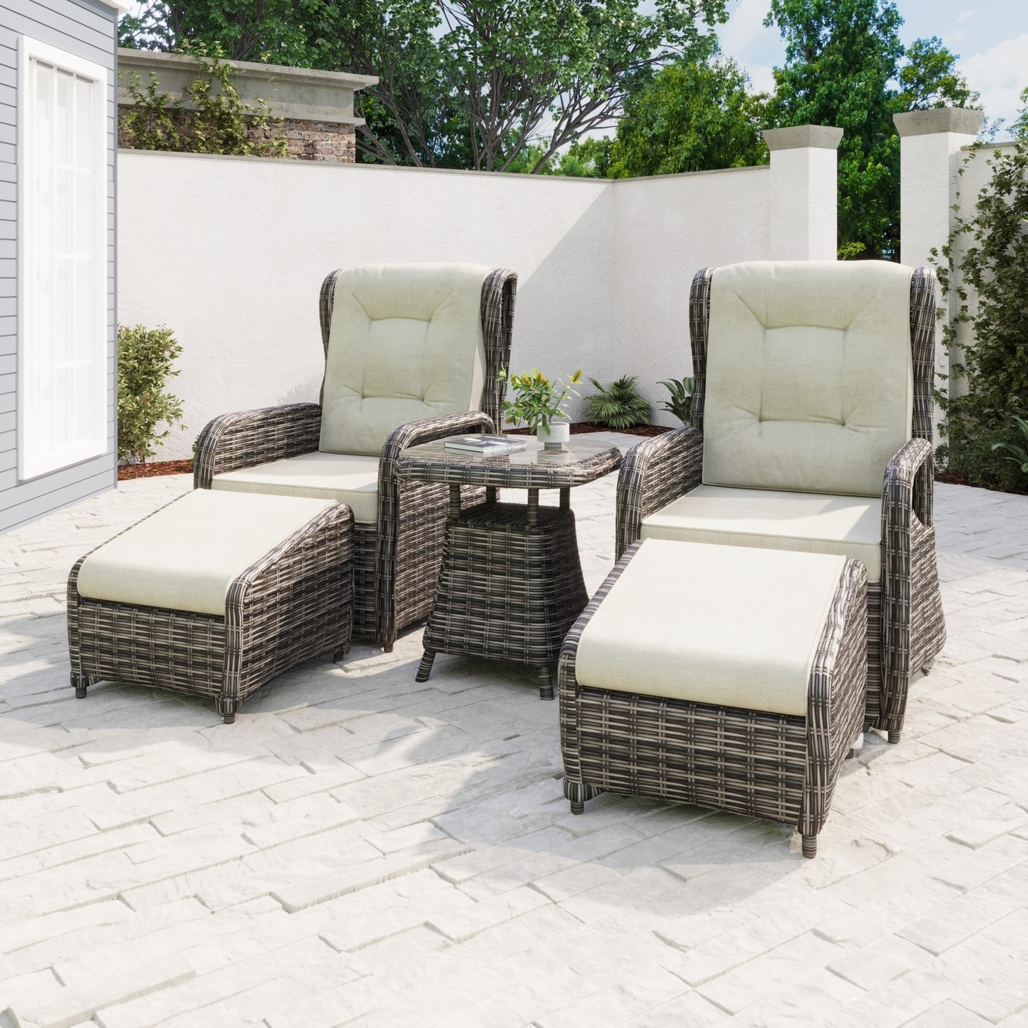 Photo of Brown rattan reclining garden sun lounger set with table and footstools - aspen