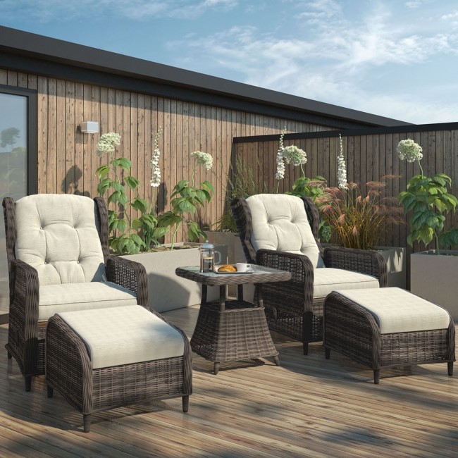 GRADE A1 - Reclining Rattan Garden Lounger Set in Brown with Table & Footstools - Aspen Range