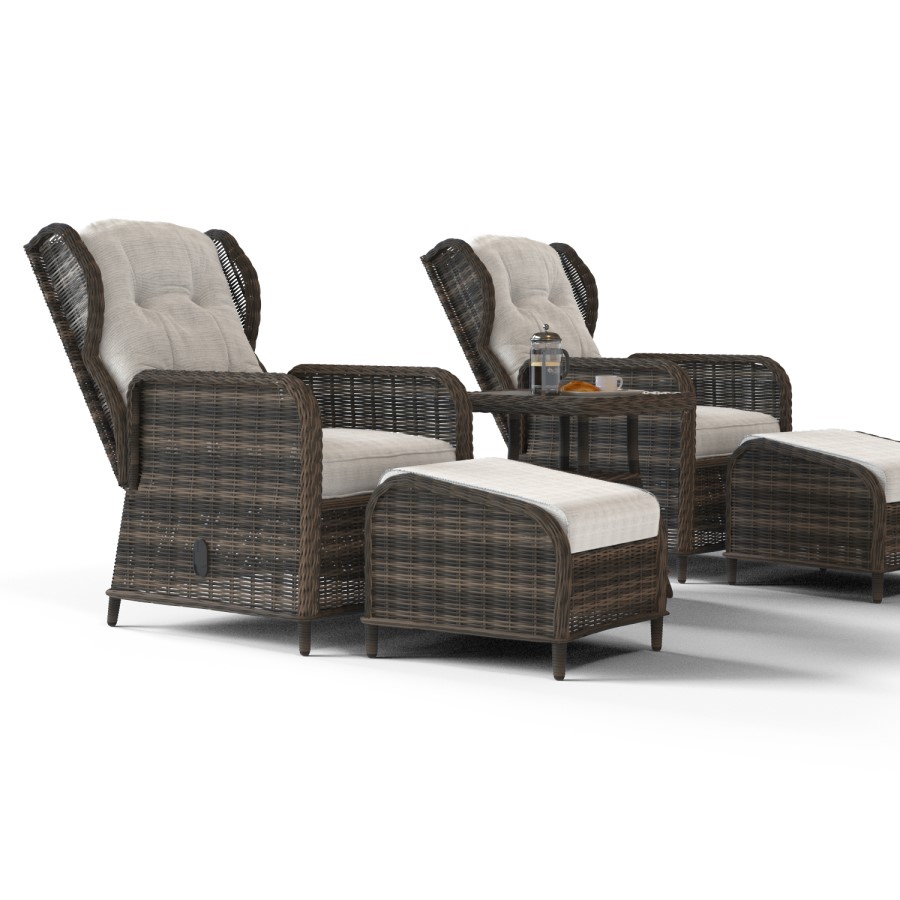 GRADE A1 - Reclining Rattan Garden Lounger Set in Brown with Table & Footstools - Aspen Range
