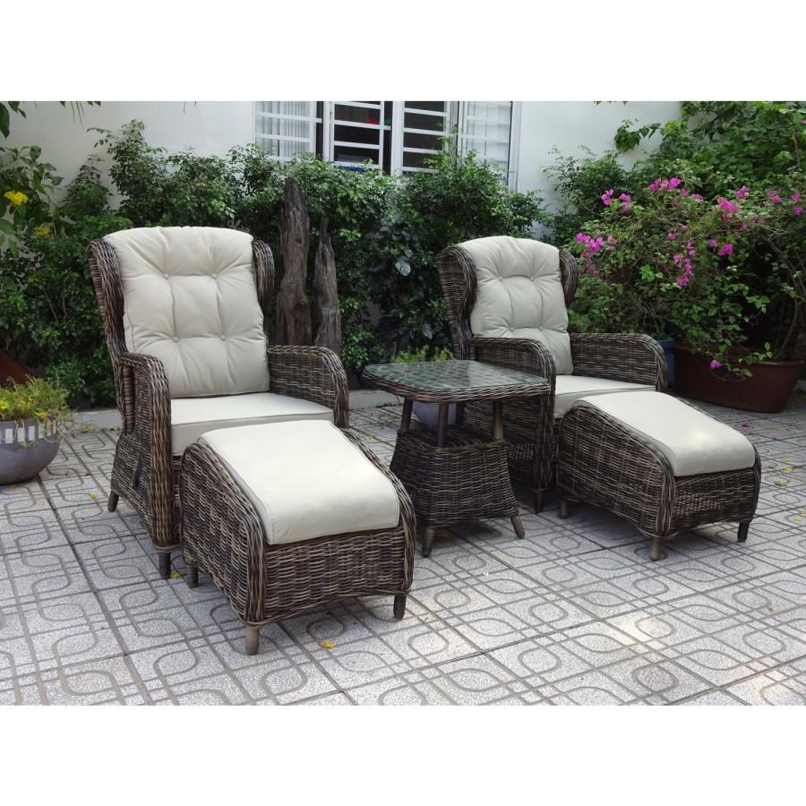 GRADE A1 - Reclining Rattan Garden Lounger Set in Brown with Table & Footstools - Aspen Range