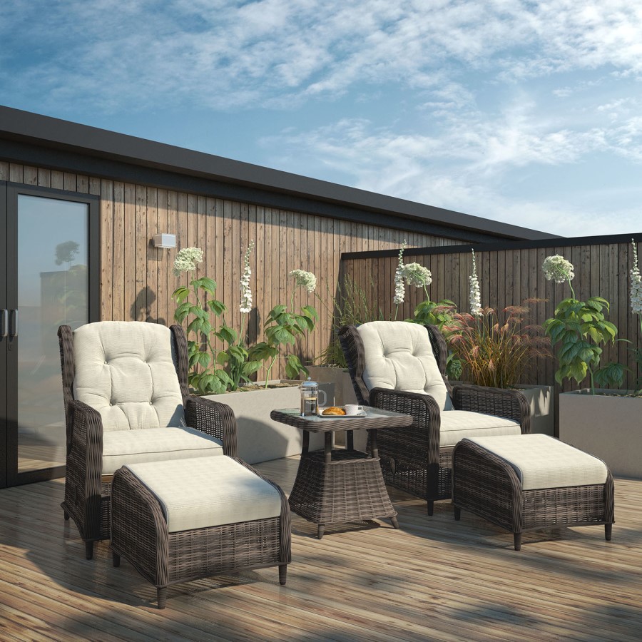 GRADE A1 - Reclining Rattan Garden Lounger Set in Brown with Table & Footstools - Aspen Range