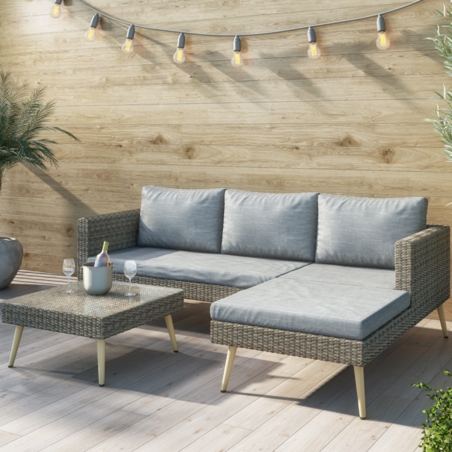GRADE A1 - Rattan Garden Recliner Corner Sofa with Cushions & Table