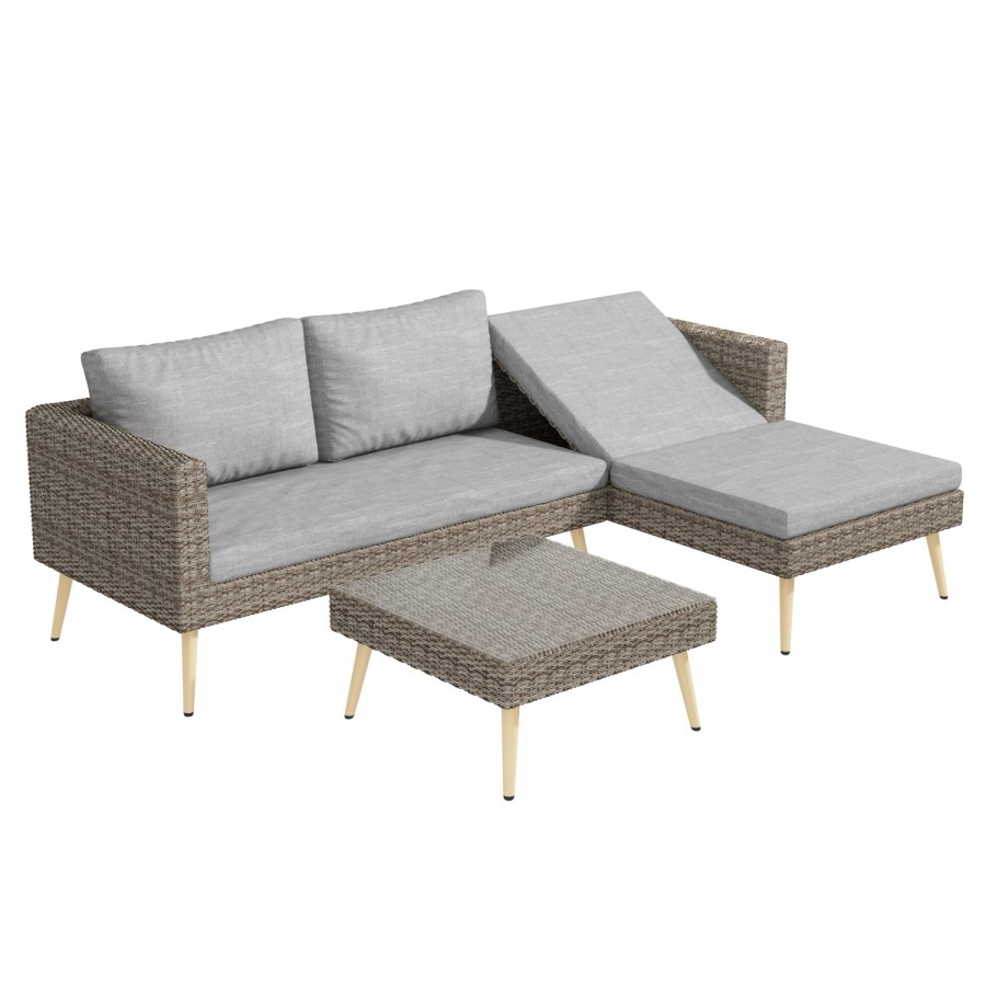 GRADE A1 - Rattan Garden Recliner Corner Sofa with Cushions & Table