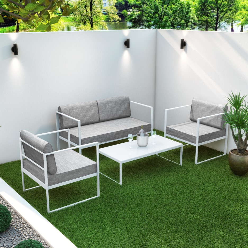 4 Piece White Metal Patio Garden Furniture Set with Table Como