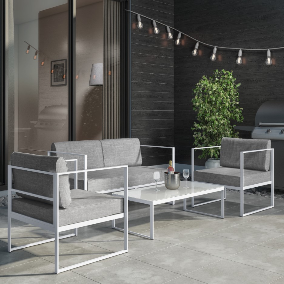 4 Piece White Metal Patio Garden Furniture Set with Table Como