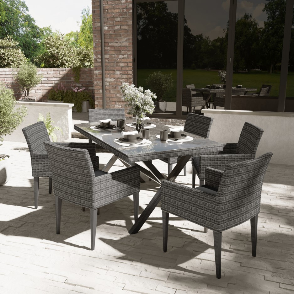 6 Seater Rattan Garden Dining Set in Dark Grey | Furniture123