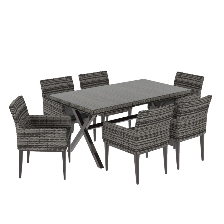 6 Seater Rattan Dining Set with Chairs in Dark Grey | Furniture123