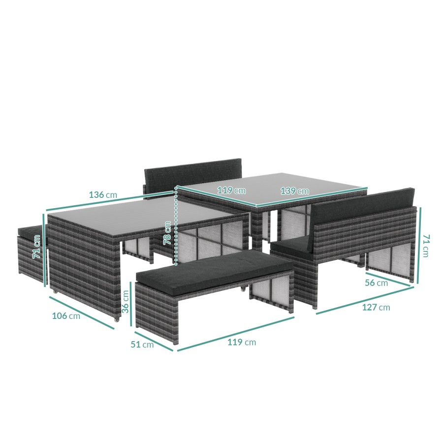 8 Seater Grey Cube Rattan Outdoor Dining Set with Extendable Table  - Fortrose