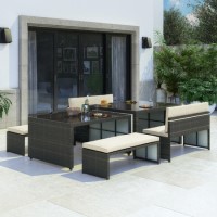Rattan Extending Dining Table & Bench Set in Brown - Seats 8