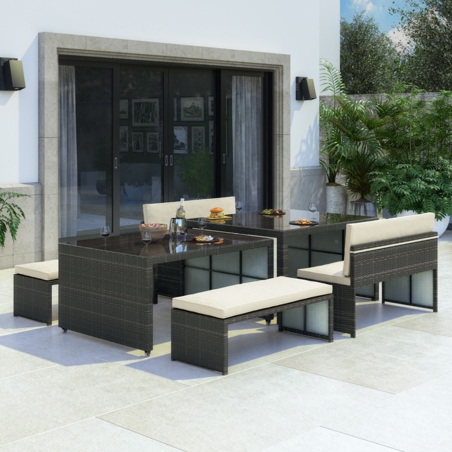 Rattan Extending Dining Table & Bench Set in Brown - Seats 8
