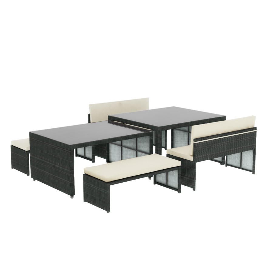 Rattan Extending Dining Table & Bench Set in Brown - Seats 8