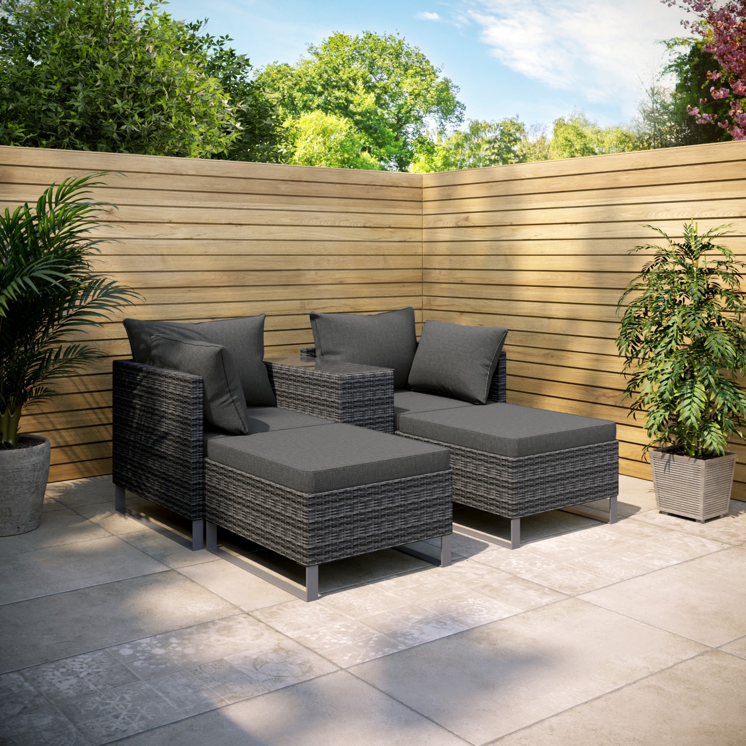 Photo of 4 seater grey modular rattan garden sun lounger set with table - como