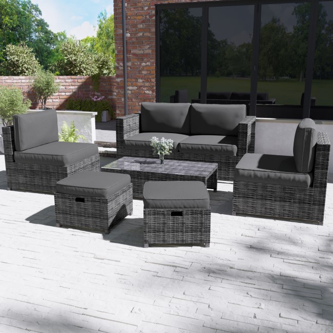 GRADE A1 - Grey Rattan Garden Sofa & Chair Set with Table & Footstools 