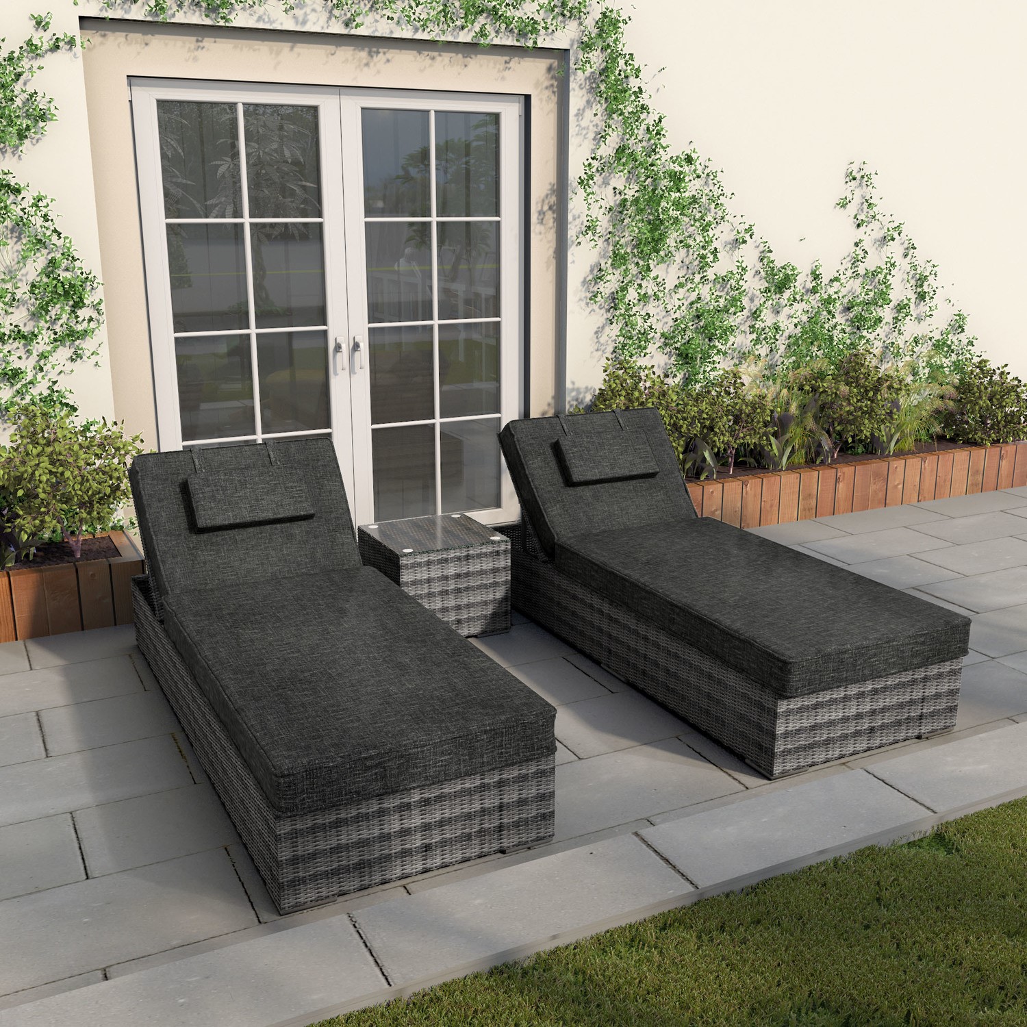 rattan sun loungers with side table in grey  garden furniture