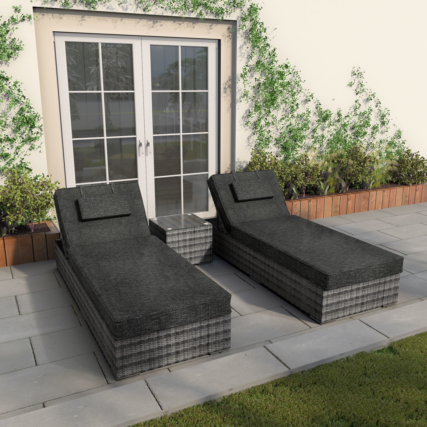 rattan sun loungers with side table in grey garden furniture