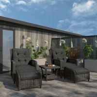 Reclining Rattan Garden Lounger Set in Grey with Table & Footstools  - Aspen