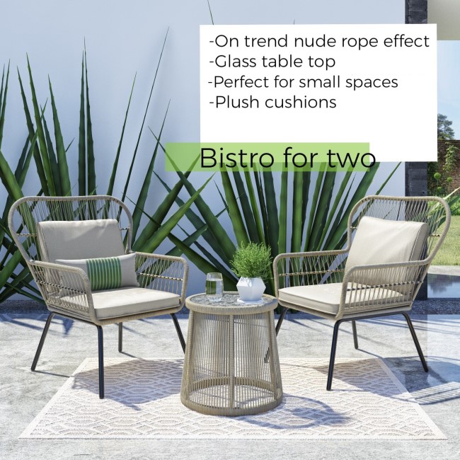 2 Seater Garden Woven Rope Effect Bistro Set - Natural - Como