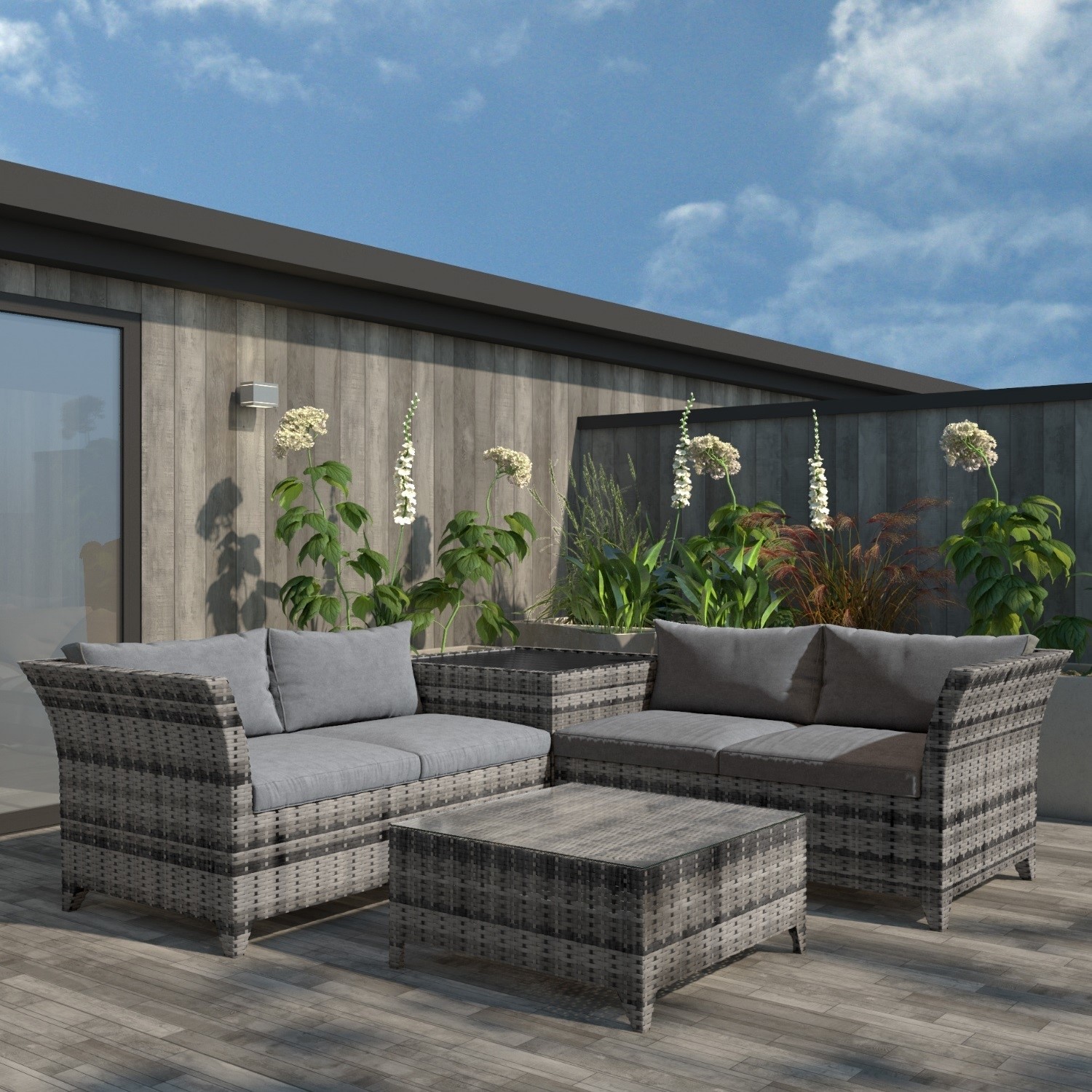 Outdoor Rattan 4 Seater Corner Sofa & Table Set in Grey