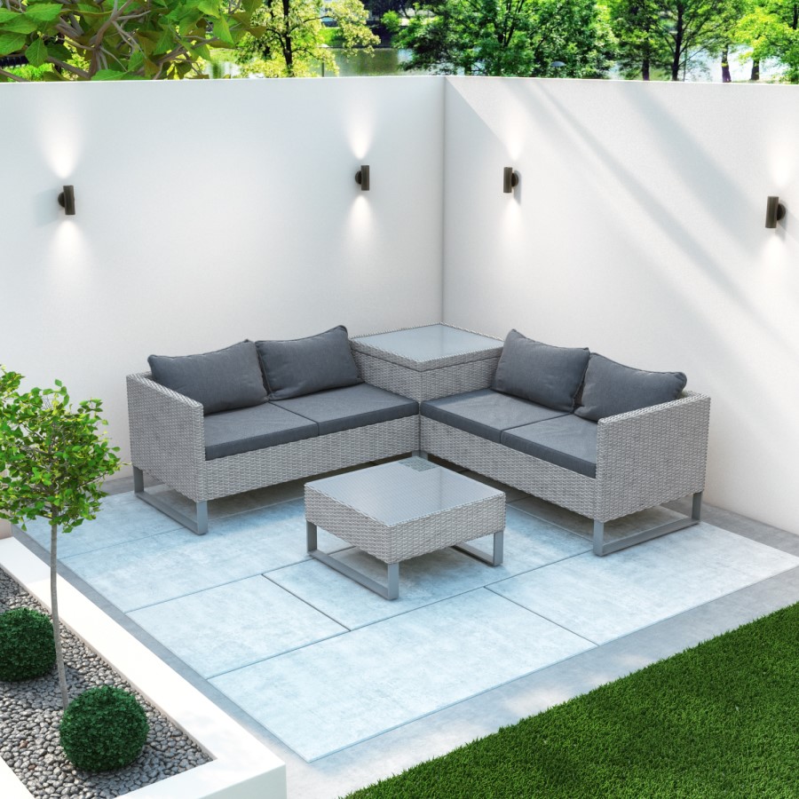 GRADE A1 - Rattan Corner Sofa Set with Storage Box and Table in Grey