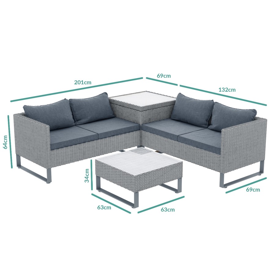 GRADE A1 - Rattan Corner Sofa Set with Storage Box and Table in Grey