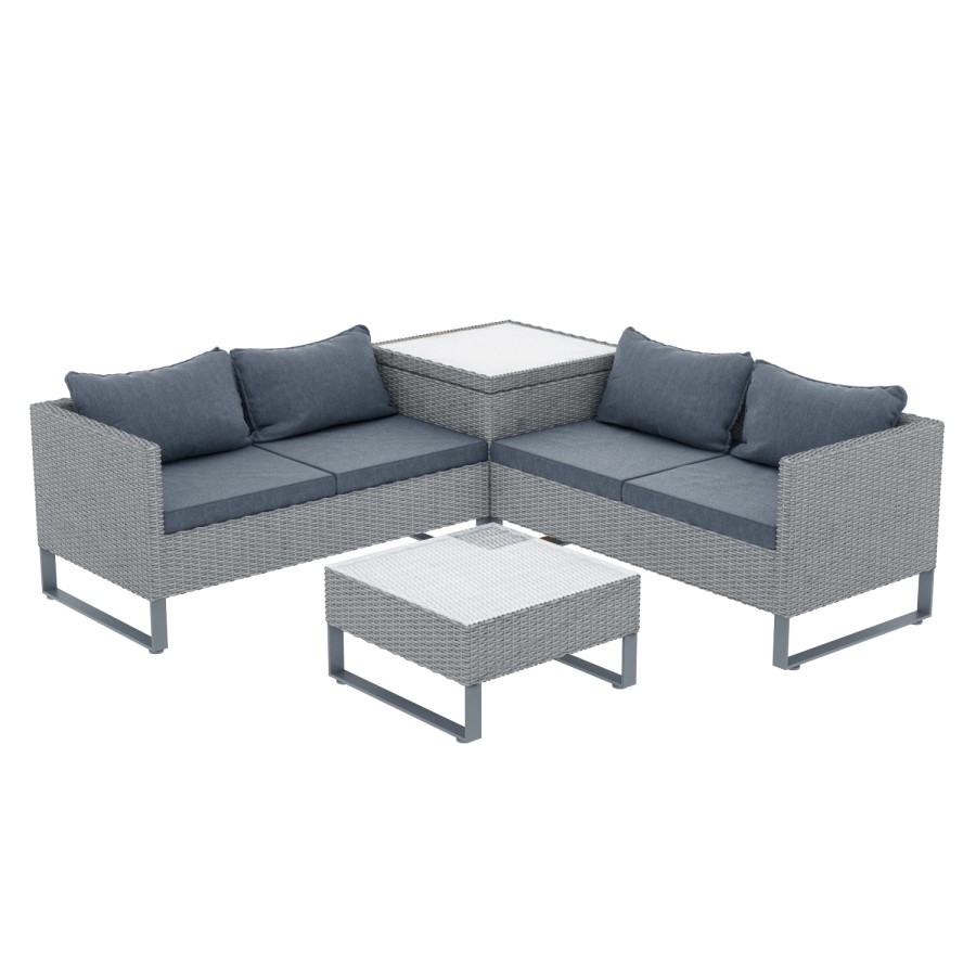 GRADE A1 - Rattan Corner Sofa Set with Storage Box and Table in Grey