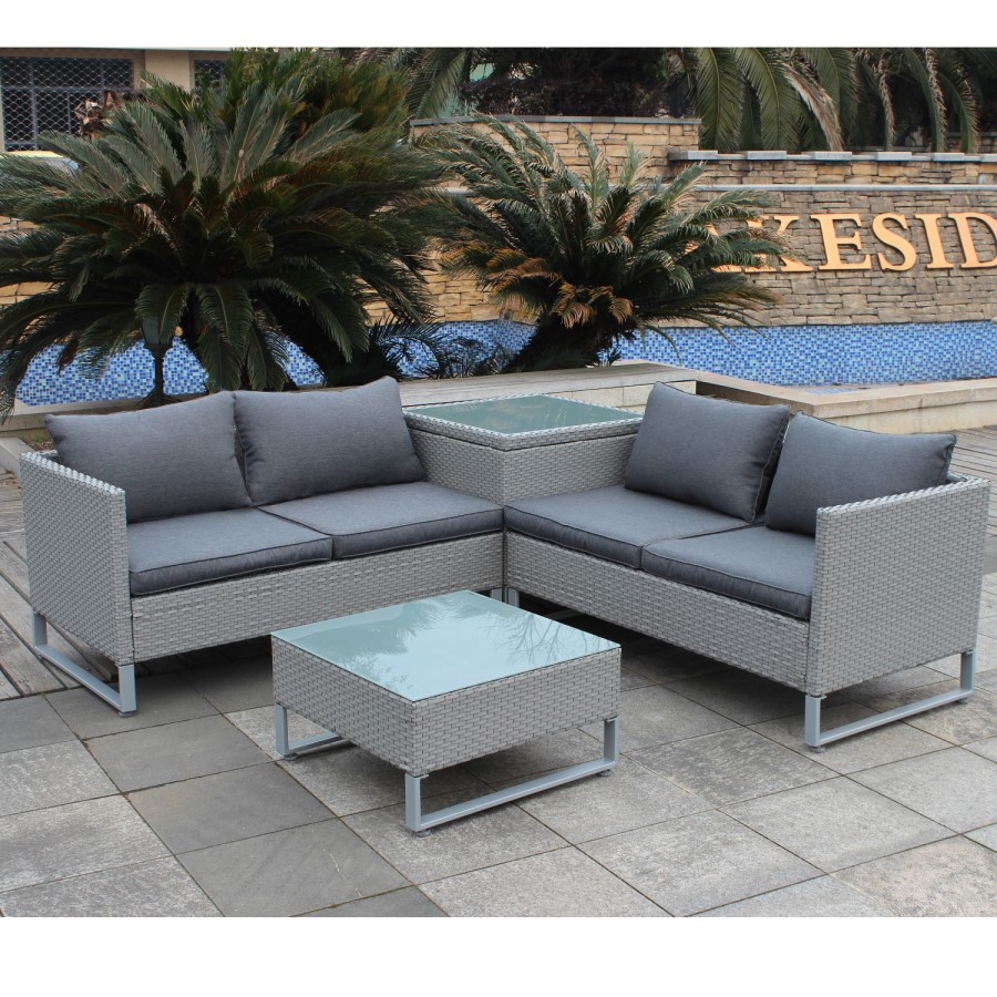 GRADE A1 - Rattan Corner Sofa Set with Storage Box and Table in Grey