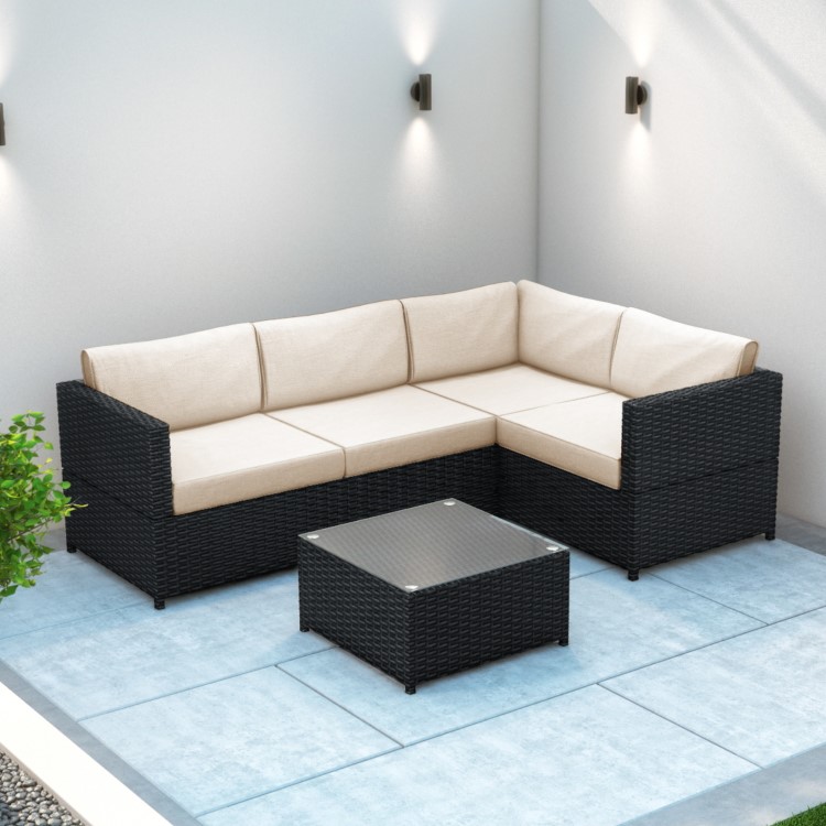 GRADE A1 - Rattan Corner Sofa and Table Set in Black - Garden Furniture