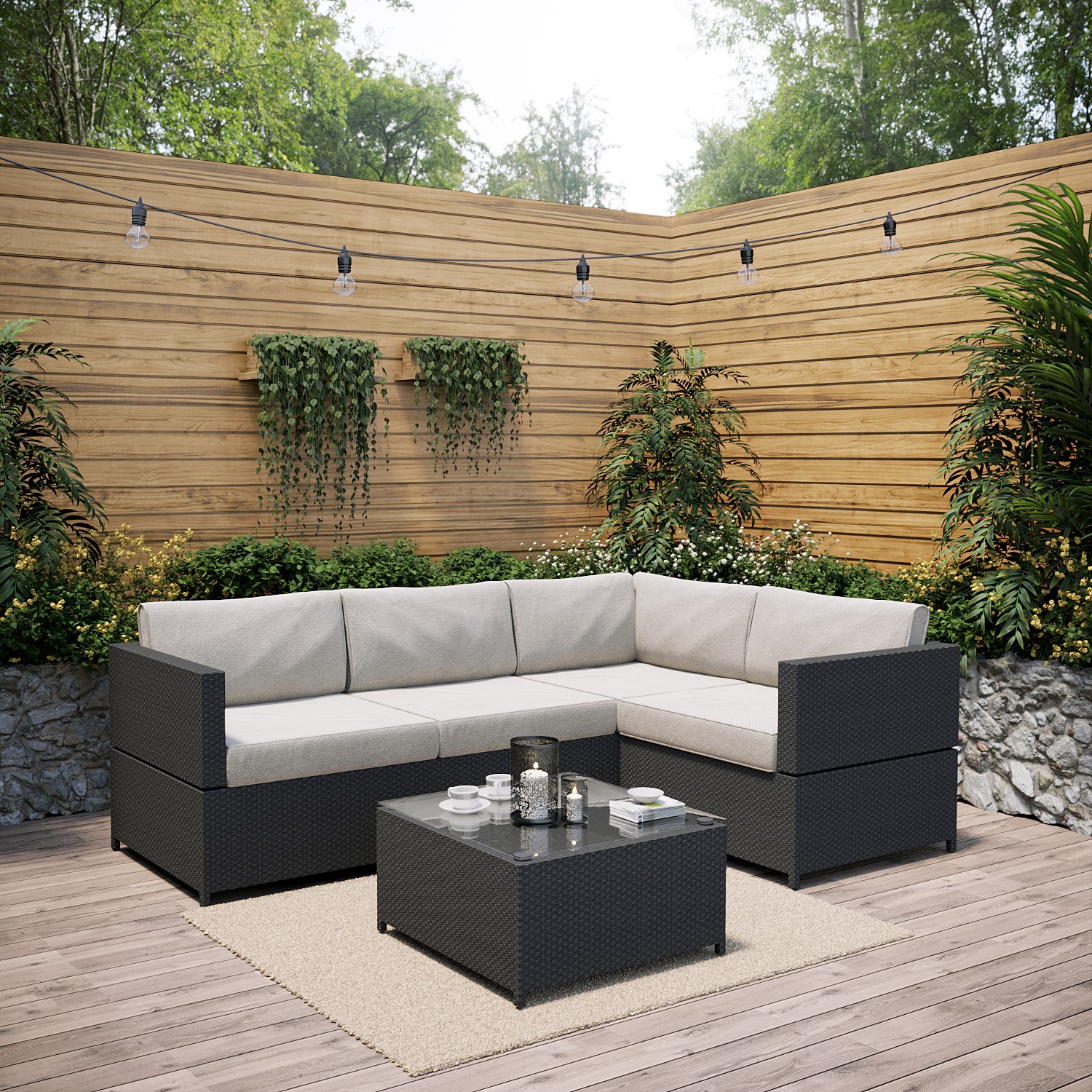 Rattan Corner Sofa and Table Set in Black - Garden Furniture
