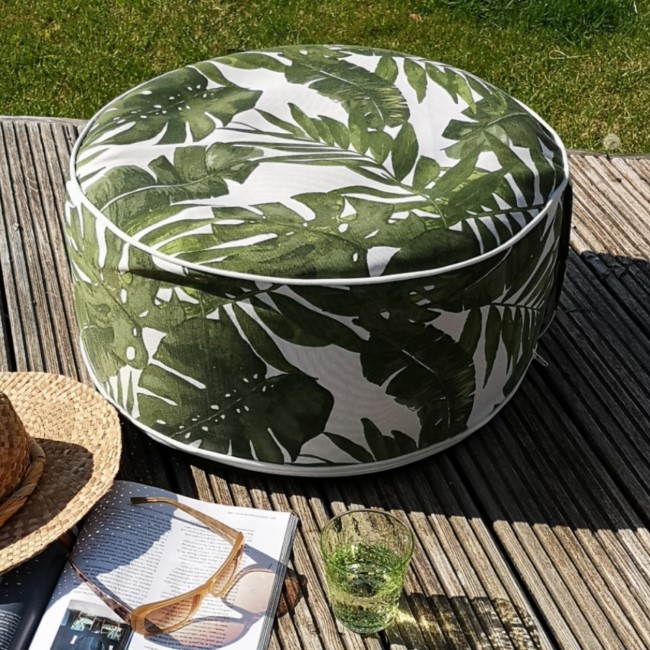 Outdoor Portable Pouffe in Green & White Leaf Print - Inflatable  - Fortrose