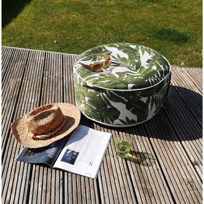 Outdoor Portable Pouffe in Green & White Leaf Print - Inflatable  - Fortrose