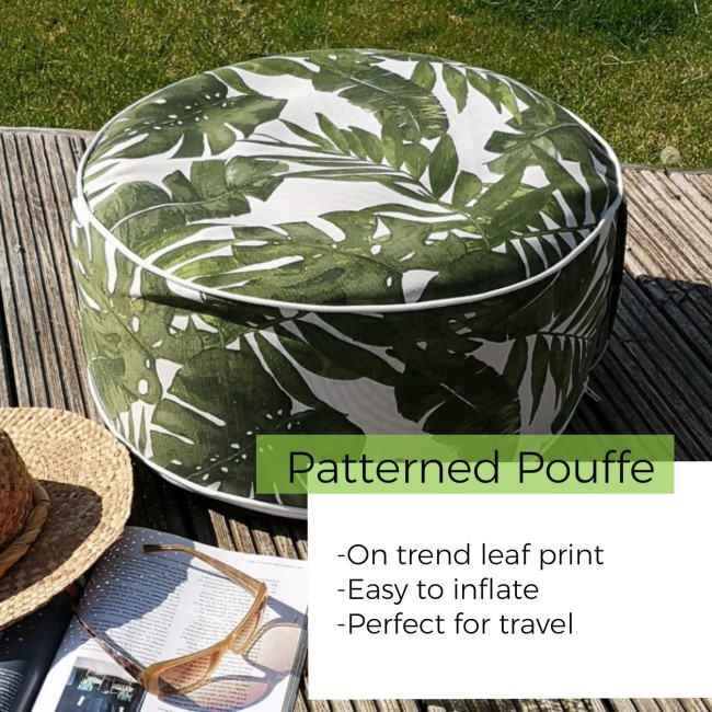 Outdoor Portable Pouffe in Green & White Leaf Print - Inflatable  - Fortrose