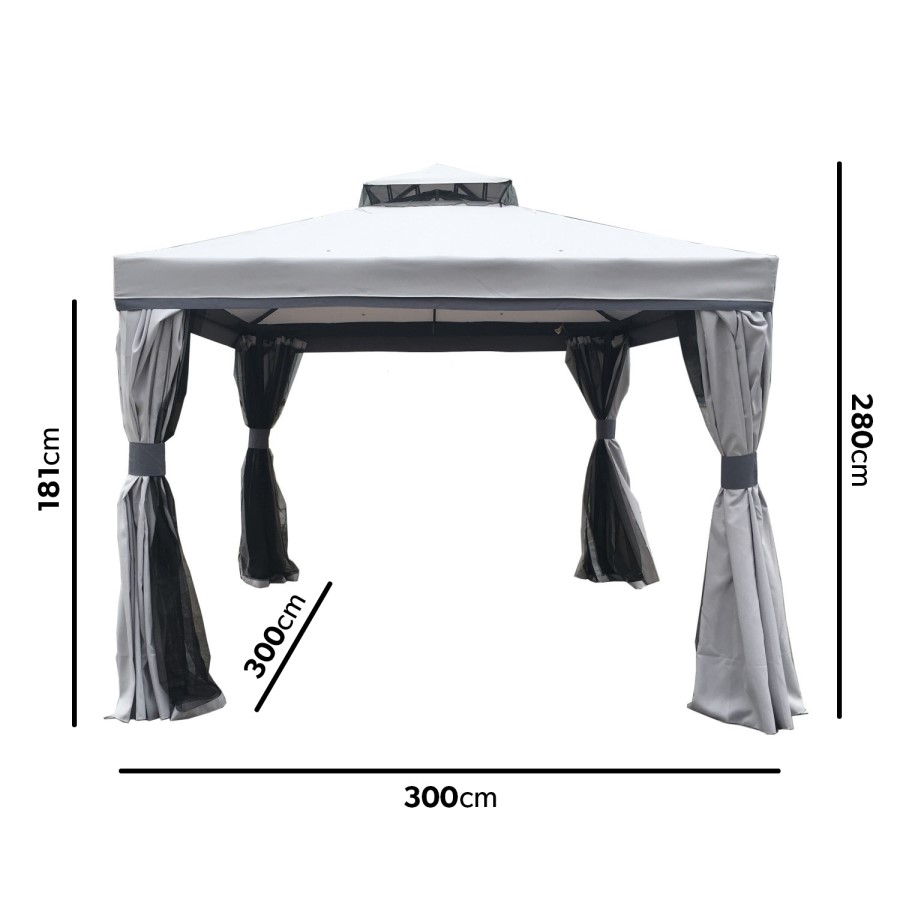 3x3m Grey Gazebo with Curtains and  Mosquito Net  - Fortrose