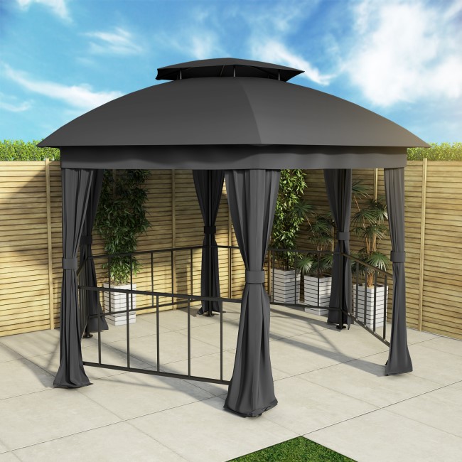 GRADE A1 - Metal Outdoor Gazebo with Fabric Roof and Curtain Sides - 2.8 x 3.7m - Grey  - Fortrose