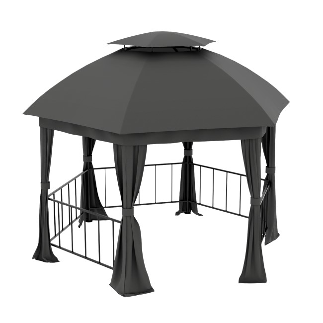 Metal Hexagon Outdoor Gazebo with Fabric Roof and Curtain Sides - 3.75 x 3.75m - Grey  - Fortrose