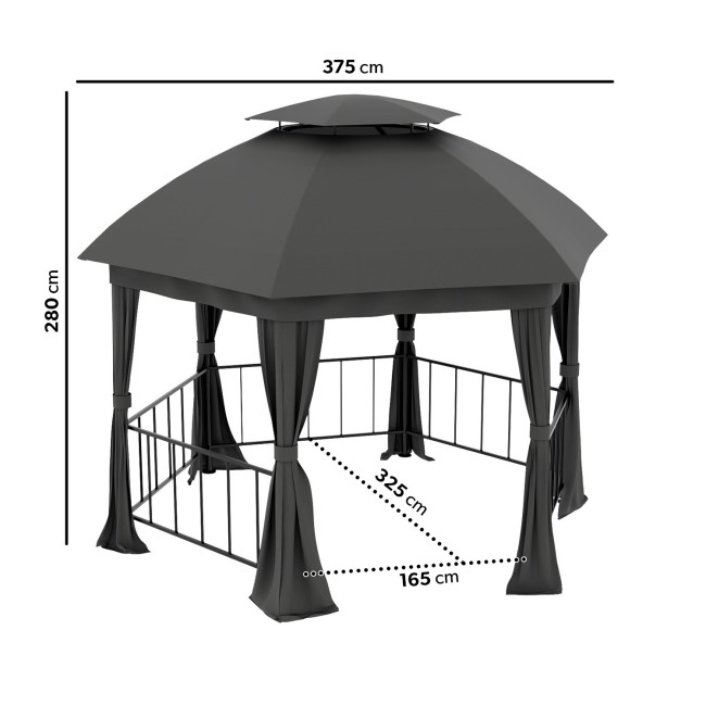 Metal Hexagon Outdoor Gazebo with Fabric Roof and Curtain Sides - 3.75 x 3.75m - Grey  - Fortrose