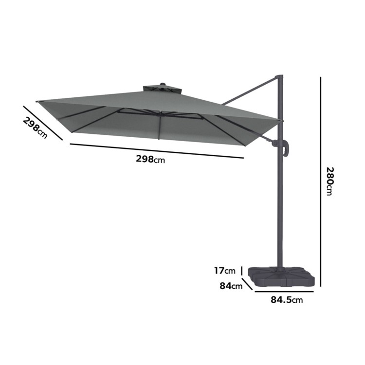 ONLY OPENED - 3x3m Grey Square Cantilever Parasol with Base and Cover Included - Aspen Outdoor