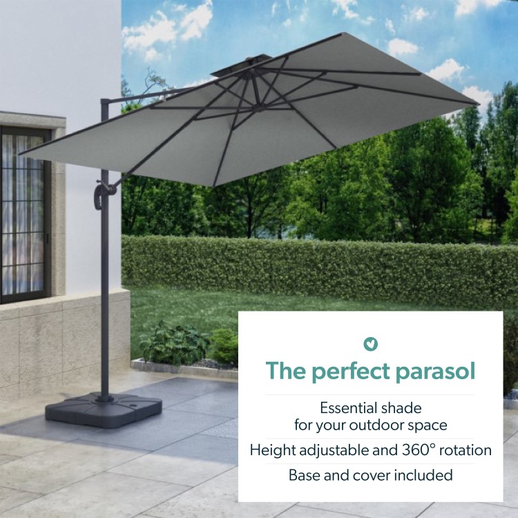 ONLY OPENED - 3x3m Grey Square Cantilever Parasol with Base and Cover Included - Aspen Outdoor