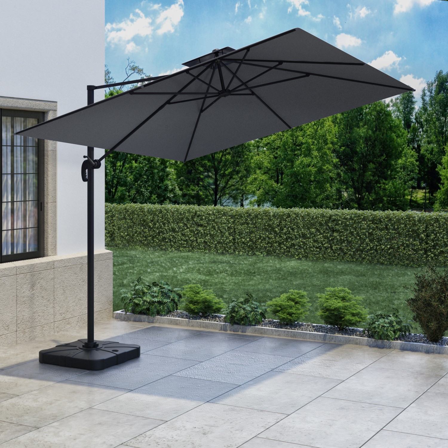 Photo of 3x3m dark grey square cantilever parasol with base & cover - como