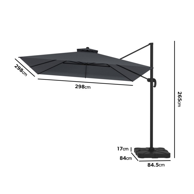 ONLY OPENED - 3x3m Dark Grey Square Cantilever Parasol with Base & Cover - Aspen Outdoor