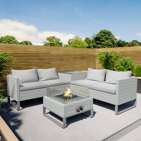 4 Seater Grey Rattan Garden Corner Sofa Set with Storage and Fire Pit ...