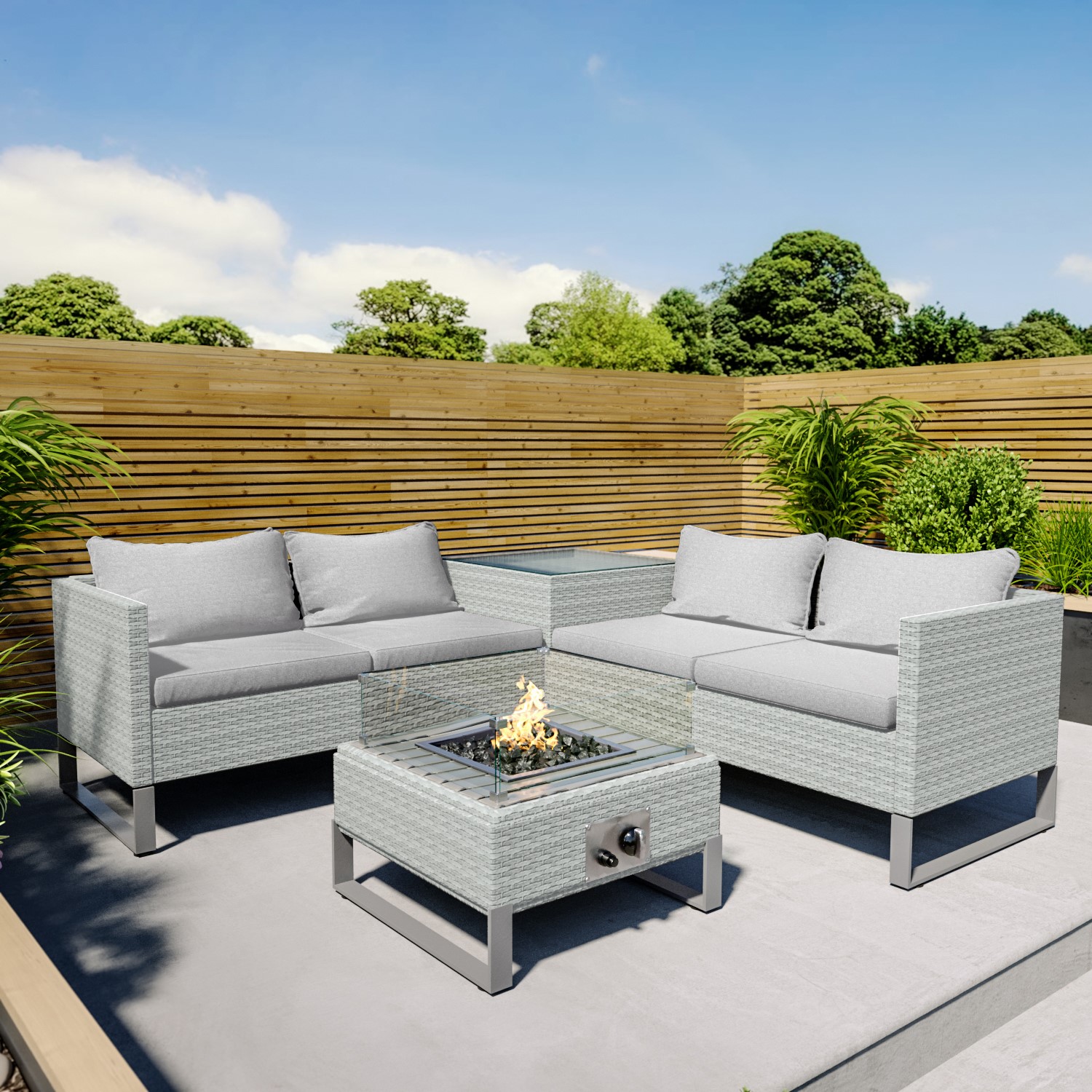 Grey Rattan Garden Corner Sofa Set With, Garden Table And Chairs With Fire Pit