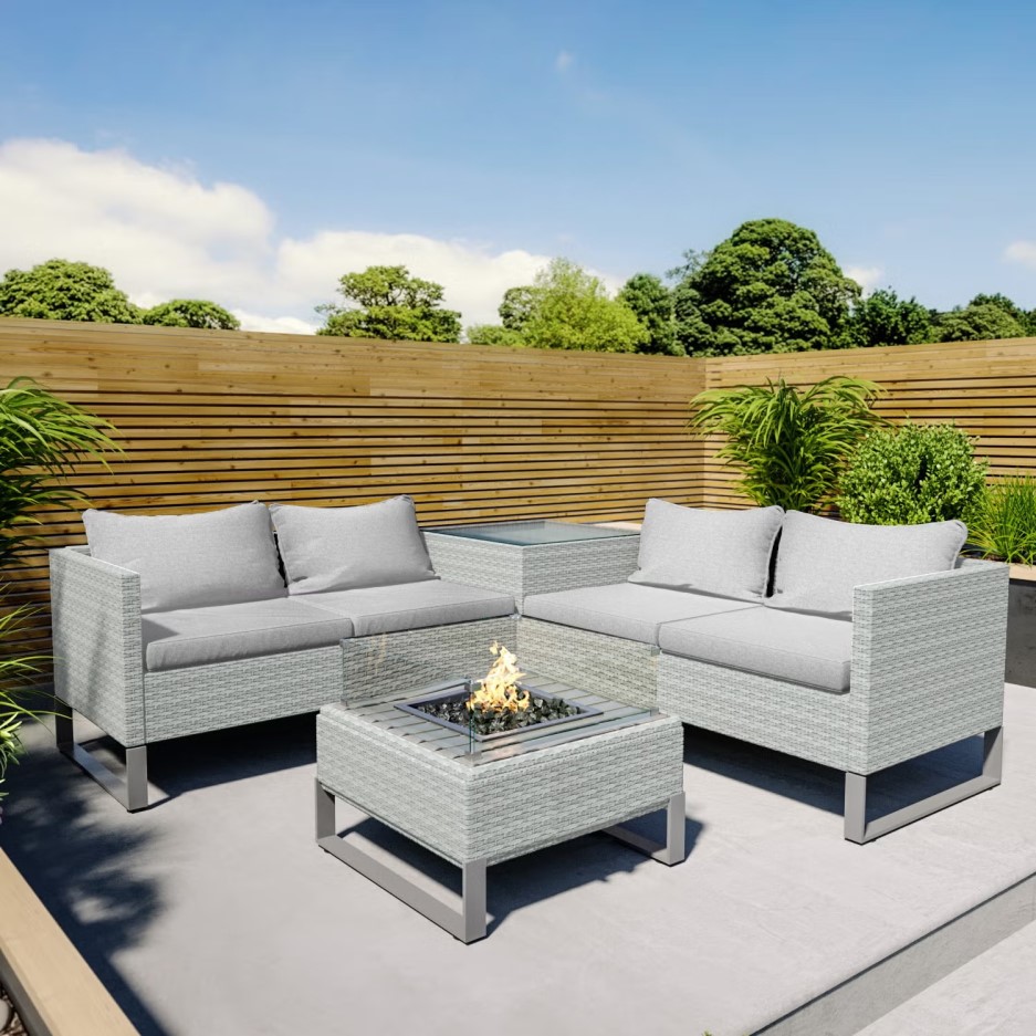 Grey Rattan Garden Corner Sofa Set with Storage and Fire Pit Table Furniture123 Grey Rattan Garden Corner Sofa Set with Storage and Fire Pit Table Furniture123