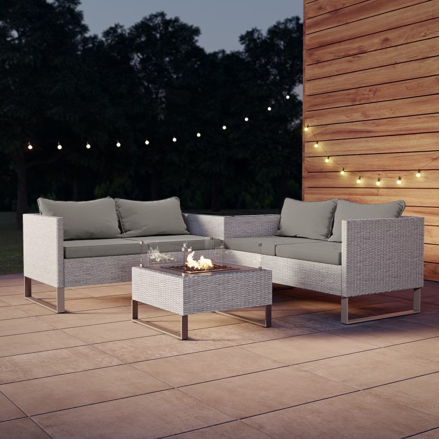 4 Seater Grey Rattan Garden Corner Sofa Set with Storage and Fire Pit Table