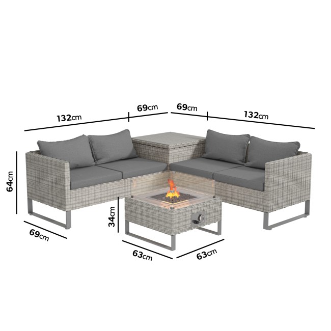 4 Seater Grey Rattan Garden Corner Sofa Set with Storage and Fire Pit Table  - Como