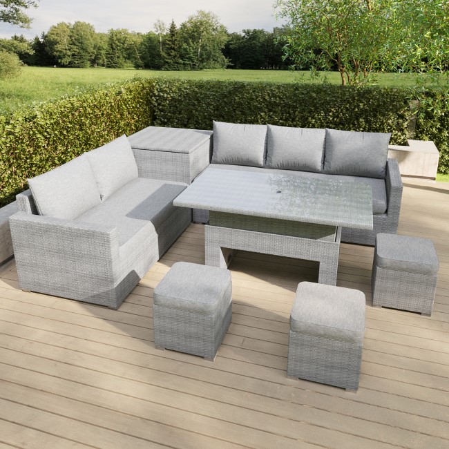 GRADE A1 - Grey Rattan Garden Corner Dining Sofa Set with Height Adjustable Table -  Fortrose