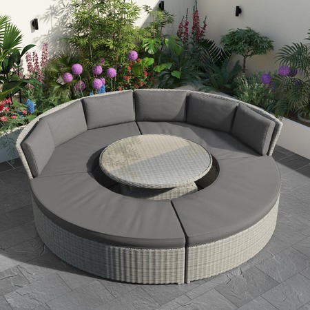 Grey Round Garden Sofa Set With Day Bed and Cool Box Seats - Como ...