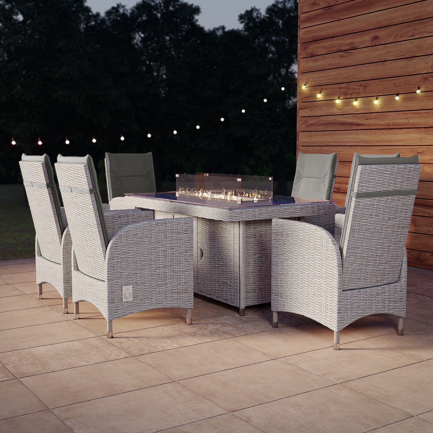 Photo of 6 seater grey rattan reclining garden dining set with fire pit table - aspen