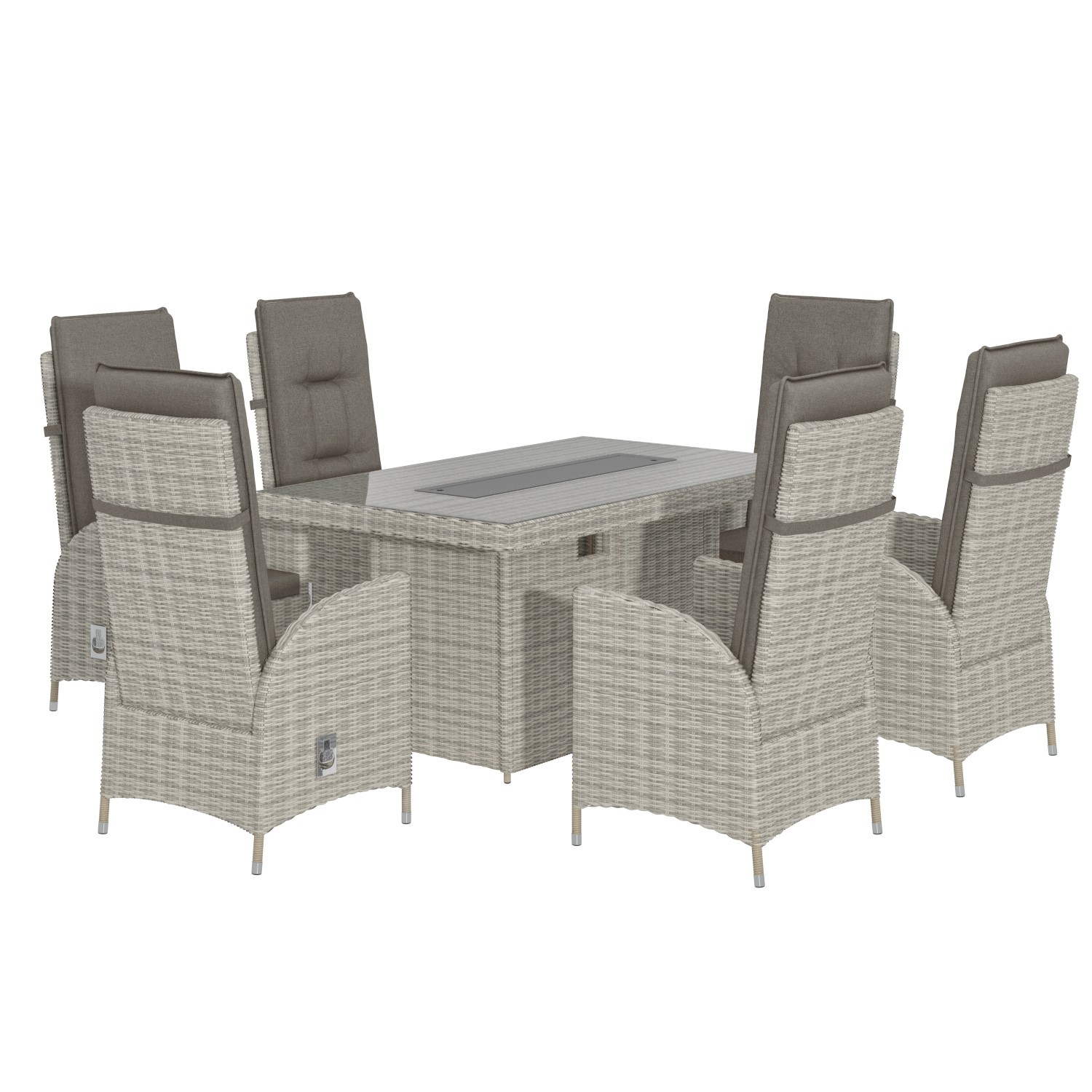 Grey 6 Seater Rattan Reclining Garden Dining Set with Fire Pit Table